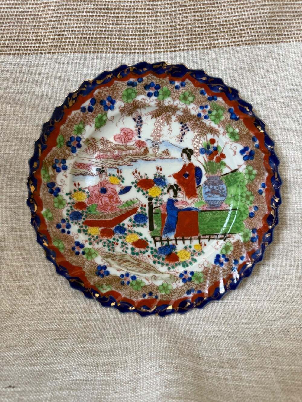 Vintage Bibi Japanese Geishaware Cobalt Blue Rim Handpainted Decor Plate 8 1/4''
